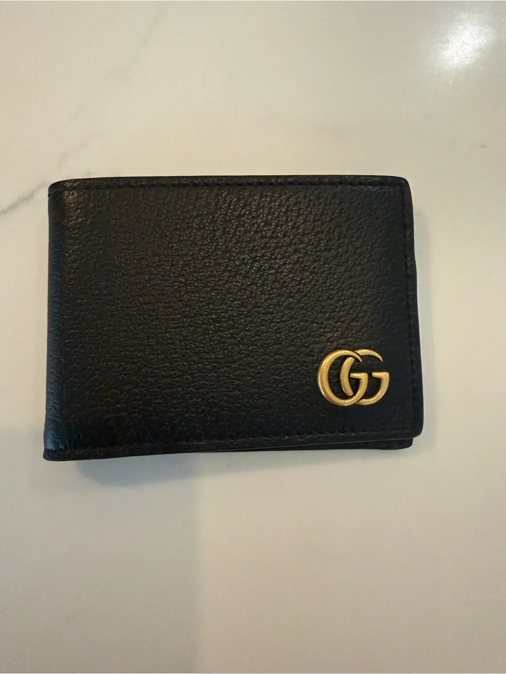 Gucci Black Pebbled Leather Bifold Wallet with Gold Double G - NEW